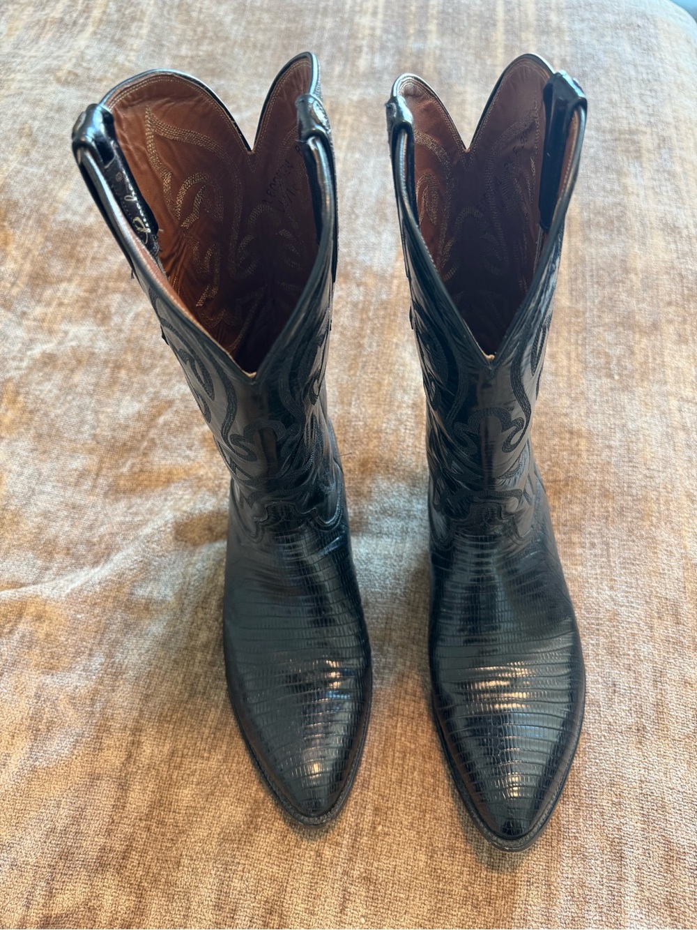 Vintage Lucchese Black Teju Lizard Western Cowboy Boots Men’s Size 8.5 F WIDE